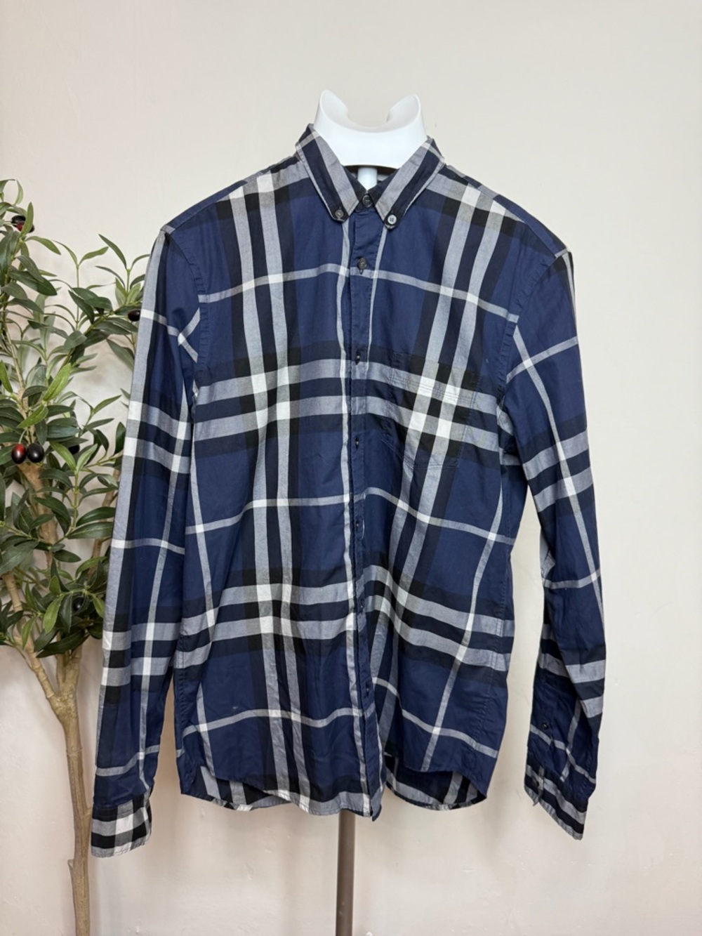 Burberry Navy, White and Black Plaid Button-Down Shirt